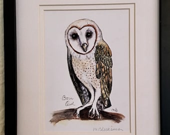 Barn Owl Double-Matted Watercolor Pencil Drawing Painting PRINT