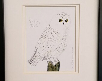 Snowy Owl Double-Matted Watercolor Pencil Drawing Painting PRINT