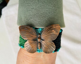 Copper Butterfly Bracelet on Cotton Micro-Macramé Band