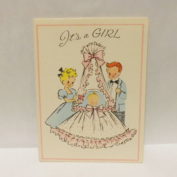 Vintage baby birth announcement card It's a Girl by American Greetings unused with envelope