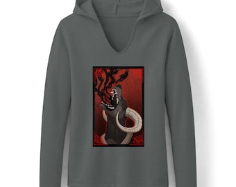 Bluza z kapturem Pokémon Houndoom, damski gothic split z dekoltem w serek | Lekka z mieszanki tkanin z długim rękawem