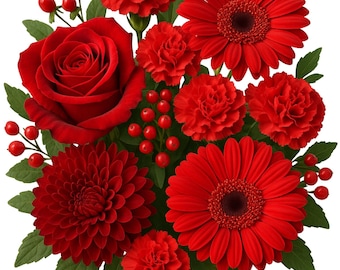May include: A vibrant bouquet of red flowers, including a rose, gerbera daisies, carnations, and a dahlia, with green leaves and red berries. The arrangement is set against a white background, showcasing the rich red hues.