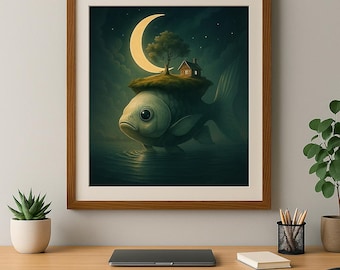 Impresión artística de la Casa Lunar de Fantasía: Paisaje oceánico surrealista (Descarga digital)