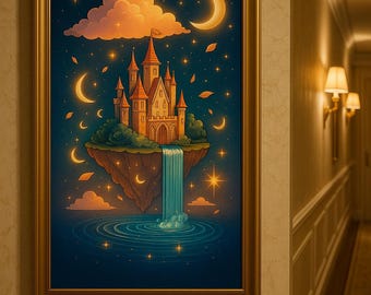Castillo de fantasía bajo las estrellas, arte mural digital con cascada mágica, decoración del hogar con cielo nocturno de ensueño