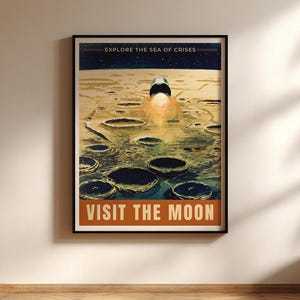 Retro futuristische maanreisposter, vintage door NASA geïnspireerde ruimtekunstprint voor sci-filiefhebbers, ruimtemuurdecor voor thuis of op kantoor