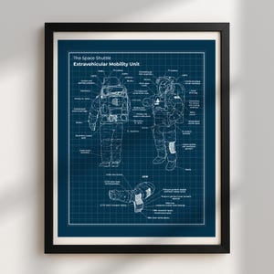 May include: A framed blueprint-style print of the Space Shuttle Extravehicular Mobility Unit (EMU). The print features detailed diagrams of the spacesuit, including labeled components and an arm section. The background is a dark blue with a grid pattern.