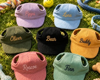 Custom Embroidered Dog Hat with Name, Personalized Corduroy Pet Baseball Cap with Ear Holes,Sun Visor for Small Medium Large Dogs,Puppy Gift