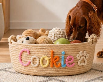 Custom Pet Toy Basket with Name, Personalized Cotton Rope Storage, Cute Dog Toy Organizer, Rope Cotton Basket Gift, Pet Name Gift