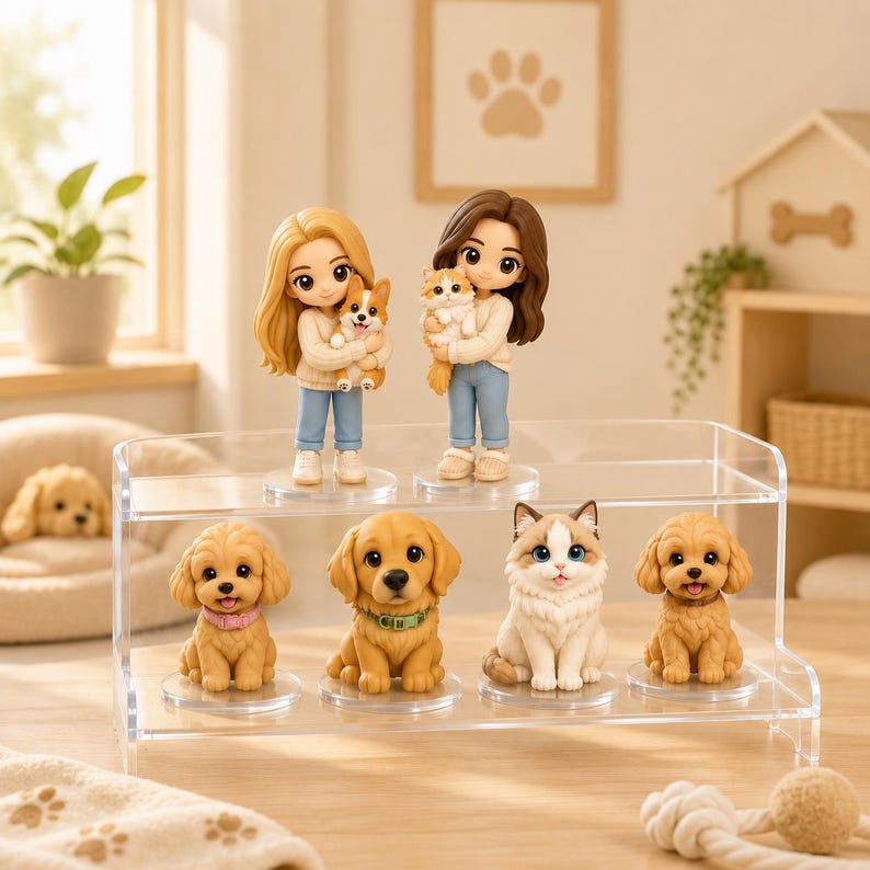 May include: A clear acrylic display shelf holds several figurines. Two figurines of women holding small dogs and cats are on the top shelf. Below are figurines of puppies and a kitten. The figurines are in a variety of colors.