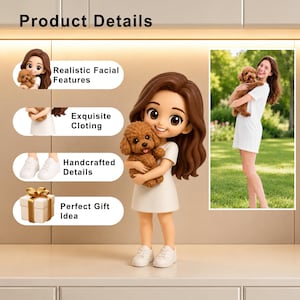 May include: A figurine of a girl holding a brown toy poodle, wearing a white dress and sneakers. The figurine has large eyes and brown hair. The image also includes a photo of a woman holding a poodle.