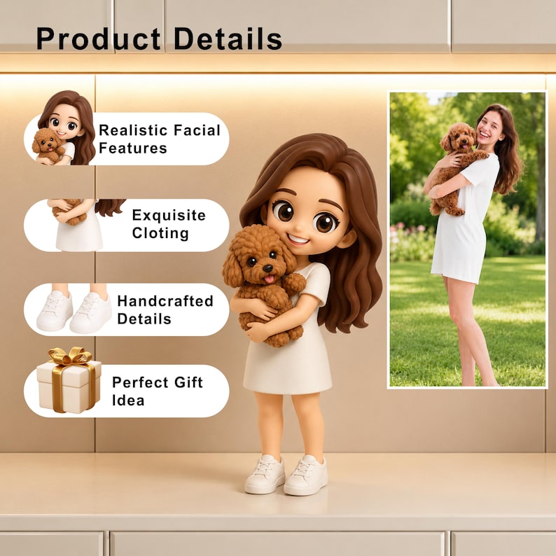 May include: A figurine of a girl holding a brown toy poodle, wearing a white dress and sneakers. The figurine has large eyes and brown hair. The image also includes a photo of a woman holding a poodle.