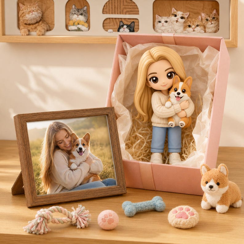 May include: A wooden framed photo of a woman holding a corgi dog, a figurine of a woman holding a corgi, and a corgi dog figurine. Also included are dog toys, a pink box, and cat figurines in the background.