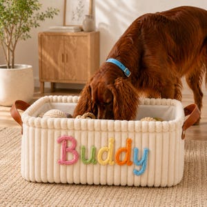 May include: A cream-colored, corduroy pet basket with the name "Buddy" in colorful yarn letters. The basket has brown leather handles and is filled with dog toys. A brown dog with a blue collar is investigating the contents.