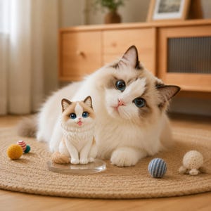 May include: A fluffy white and tan Ragdoll cat with striking blue eyes lies next to a small figurine of a similar cat. The figurine sits on a clear stand. Several small, colorful toy balls are scattered on a round, woven rug.