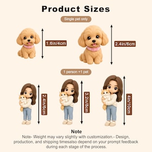May include: Image showing product size options for figurines. Includes a single dog figurine, 1.6 inches (4cm) tall, and a larger dog figurine, 2.4 inches (6cm) tall. Also shown are figurines of a person with a pet, ranging from 2.4 to 4 inches (6 to 10cm) tall.