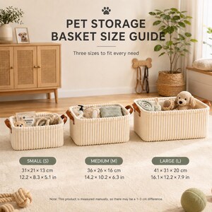 May include: Pet storage basket size guide with three sizes. The baskets are beige with brown handles. Small: 12.2 x 8.3 x 5.1 in. Medium: 14.2 x 10.2 x 6.3 in. Large: 16.1 x 12.2 x 7.9 in. Each basket contains pet supplies. The text reads "PET STORAGE BASKET SIZE GUIDE".