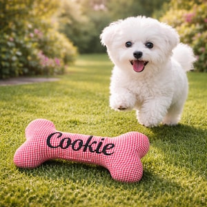 Könnte beinhalten: Ein flauschiger, weißer Hund rennt über eine grüne Wiese. Ein rot-weiß kariertes Hundespielzeug in Knochenform mit dem Wort "Cookie" in schwarzer Schrift liegt auf dem Gras.