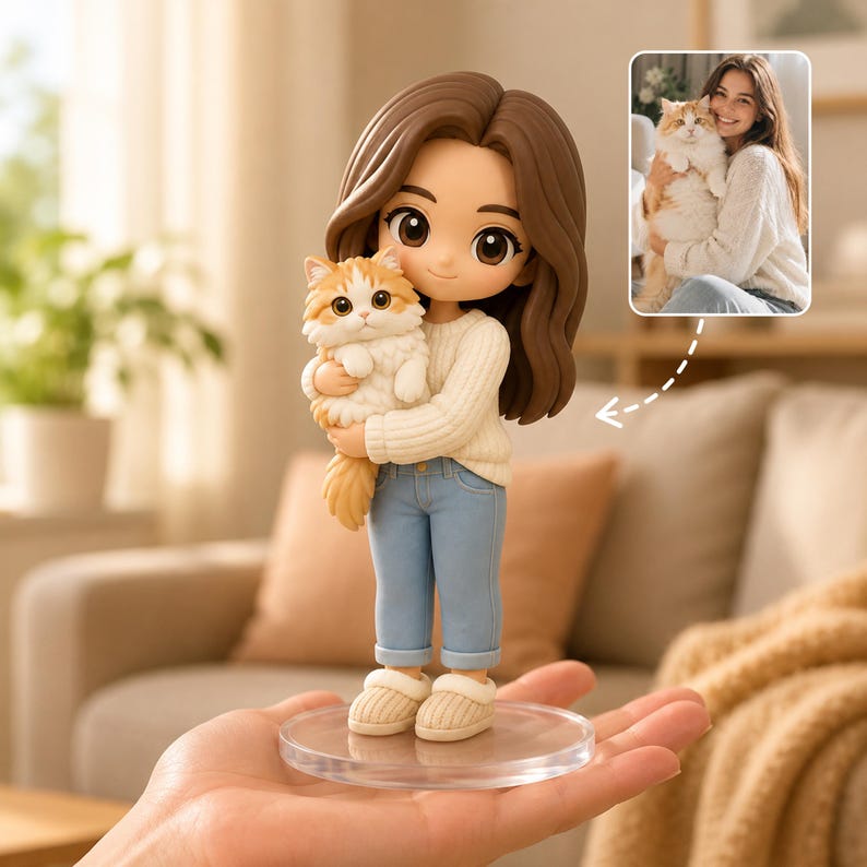 May include: A figurine of a girl holding a fluffy orange and white cat. The girl has brown hair, big eyes, and is wearing a white sweater, blue jeans, and beige slippers. The figurine is on a clear, round base. A photo of a woman holding a similar cat is in the background.