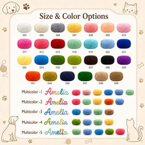 May include: A color chart of yarn balls in various colors, labeled with numbers and the name "Amelia." The chart includes a range of colors, from white to black, with multiple multicolor options.
