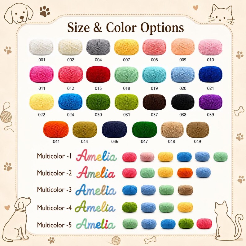 May include: A color chart of yarn balls in various colors, labeled with numbers and the name "Amelia." The chart includes a range of colors, from white to black, with multiple multicolor options.