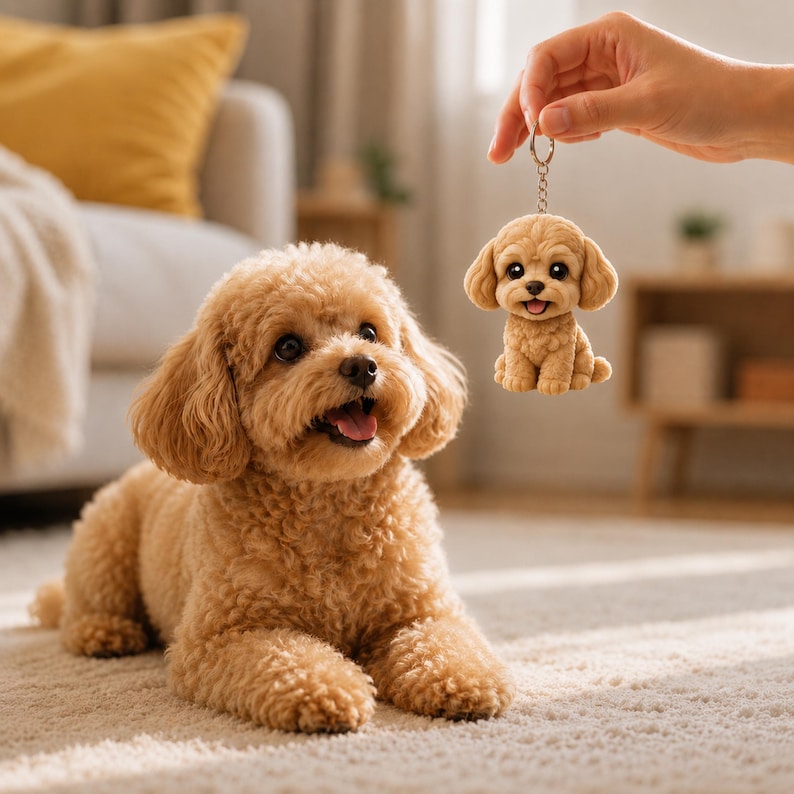 May include: A light brown toy poodle dog lying on a white carpet next to a matching keychain. The keychain is a miniature replica of the dog, held by a hand. The dog has a happy expression.