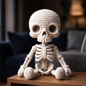 Op de afbeelding: Een beige gehaakt skeletfiguur met een grote ronde schedel met diepe oogkassen, een centrale neusholte en een gedetailleerde ribbenkast. Het figuur heeft beweegbare ledematen en een zittende houding, gemaakt met zichtbare haaksteken.