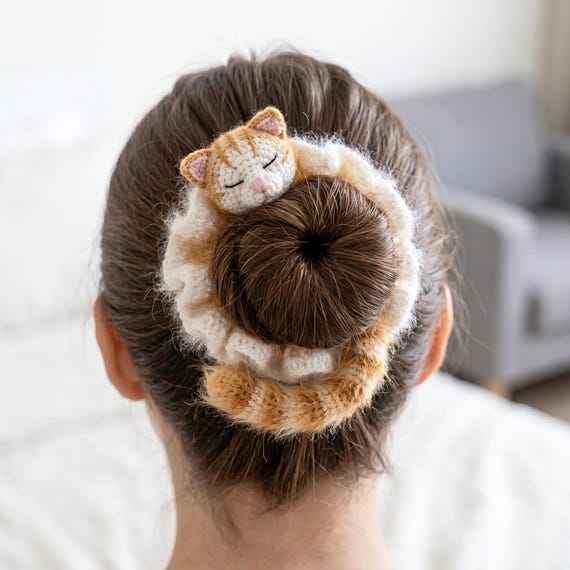 Sleepy Ginger Tabby Cat Bun Scrunchie Crochet Pattern (PDF Download)