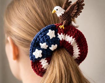 USA Flag Scrunchie Crochet Pattern, Eagle Hair Accessory (PDF Download)