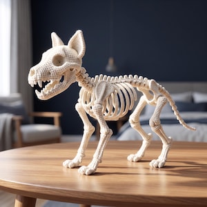 May include: A cream-colored crocheted dog skeleton figurine featuring a detailed skull with pointed ears, an open jaw with visible teeth, a rib cage, and a long tail, crafted from yarn with a textured, knotted stitch pattern throughout.