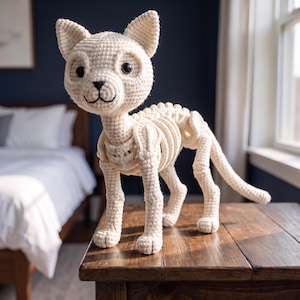 May include: A cream-coloured crocheted cat figurine featuring an exposed rib cage and skeletal structure. The cat has large black plastic eyes, a stitched nose and mouth, and a long tail, all crafted with detailed yarn stitches in a standing pose.