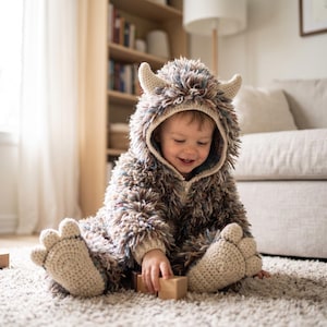May include: A fuzzy, multi-colored brown and blue hooded onesie featuring a creature design with two cream-colored horns on the hood and matching cream-colored, three-toed monster feet covers. The garment has a front zipper closure.
