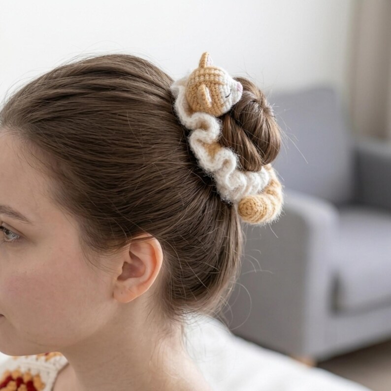 May include: A crochet hair scrunchie in beige, cream, and brown, with a sleeping cat design. The scrunchie is wrapped around a bun, highlighting the detailed yarn work. The handmade accessory adds a touch of whimsy.