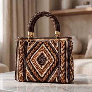 May include: A handcrafted crochet handbag in shades of brown, tan, and cream. The bag features a geometric diamond pattern on the front and sides, with a braided design along the edges. It has a rounded handle and gold-colored hardware.