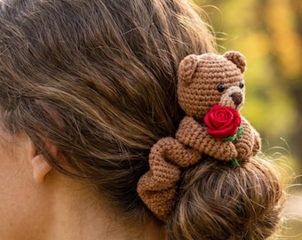 Crochet Teddy Bear Scrunchie Pattern, Rose Hair Accessory DIY (PDF Download)