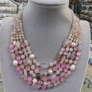 Handmade Multi-Strand Pink Gemstone and Freshwater Pearl Necklace | Rose Quartz Statement Necklace | Layered Beaded Necklace | Gift for Her