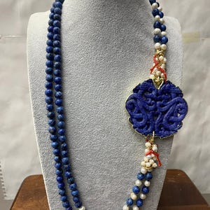 Handmade Lapis Lazuli & Pearl Necklace |Statement Gemstone Jewelry with Carved Blue Pendant | Boho Chic Beaded Necklace, Unique Gift for Her