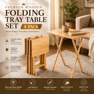 May include: A set of four light-colored wooden folding tray tables with a rectangular top and X-shaped legs. One table is shown standing upright, while the other three are folded and stored together on a matching wooden rack.