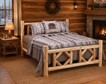 Rustic Cedar Log Bed Frame King Size, Handmade Natural Wood Bed with Diamond Headboard, Cabin Lodge Bedroom Furniture, Farmhouse Bed Frame