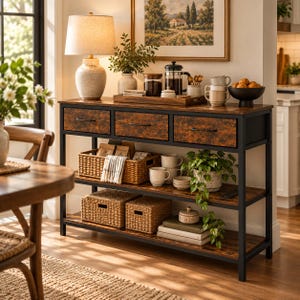 May include: A console table with a black metal frame and three drawers featuring a distressed brown wood finish. The unit includes two open shelves holding woven baskets, ceramic mugs, a potted plant, and stacked books.