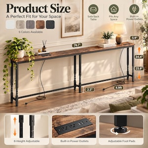 May include: A long, narrow console table with a rustic brown wood-grain surface and a black metal frame. It features built-in power outlets, eight adjustable height settings, and adjustable foot pads. The table measures 78.7 inches long.