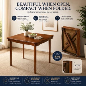 May include: A square wooden table with a cherry finish and scalloped edges, shown both assembled and folded. The folded table displays a 3.375-inch ultra-slim profile. Text on the image reads: BEAUTIFUL WHEN OPEN. COMPACT WHEN FOLDED.