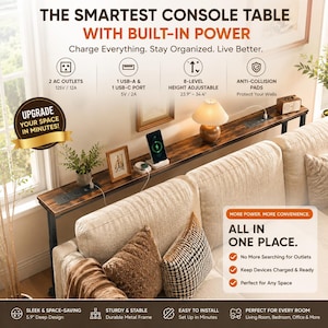 May include: A brown console table with built-in power outlets and USB ports. The table has a metal frame and is height adjustable from 23.9 to 34.4 inches. Text on the image reads "The Smartest Console Table With Built-In Power."