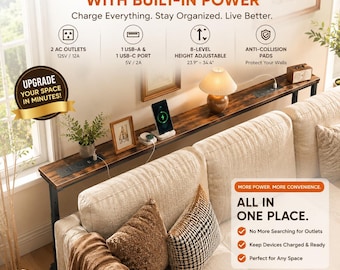78.7 Inch Height Adjustable Behind Couch Table with Power Outlets, 23.9’-34.4’ Range, Sofa Tables Narrow Long with USB-C Ports, Rustic Brown