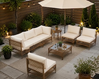 Luxury Outdoor Wicker Patio Furniture Set, 7 Piece Rattan Sectional Sofa Set with Cushions & Glass Table, Backyard Garden Poolside Seating