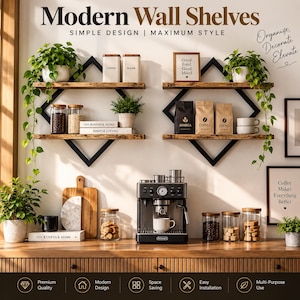 May include: Two sets of wall shelves featuring dark metal diamond-shaped frames and wooden planks. The shelves hold potted plants, coffee canisters, and books. Text on the image reads Modern Wall Shelves, Simple Design, Maximum Style, and Organize Decorate Elevate.