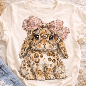 May include: Cream-coloured t-shirt featuring a whimsical illustration of a bunny with heart-shaped glasses and a pink plaid bow. The bunny has a leopard print pattern. A fun and stylish graphic tee.