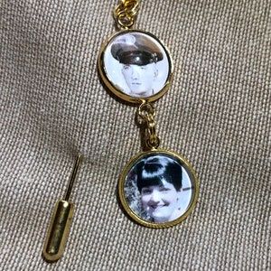 Wedding Photo Lapel Pin, Memorial Bouquet Charm, Two Charms Connected For Groom or Bride