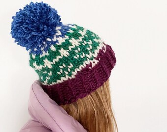 Ski Sweater Pom Pom Hat - Fair Isle Print in Bright Blue, Jade, Purple