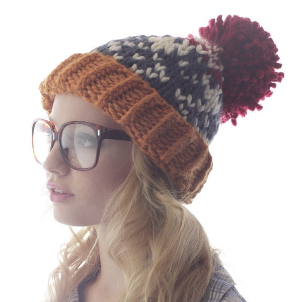 Ski Sweater Pom Pom Hat - Fair Isle Orange, Red and Blue Print