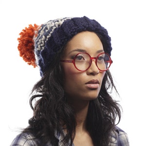 Ski Sweater Pom Pom Hat Fair Isle Print in Dark blue, Medium Blue and Orange image 2